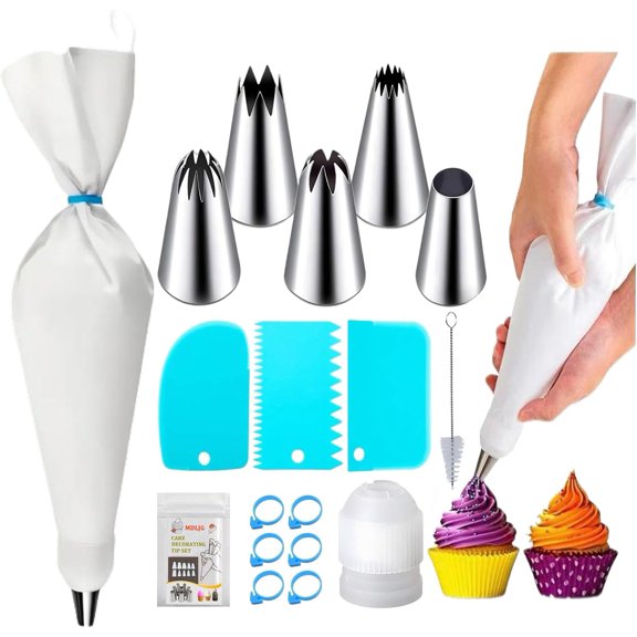 17 Pcs Large Piping Tips, Reusable Piping Bags and Tips Set - 16inch Cotton Pastry Bags & piping coupler, Stainless Steel Frosting Piping Kit & cleaning brush for cupcake,cake,cookie Decorating