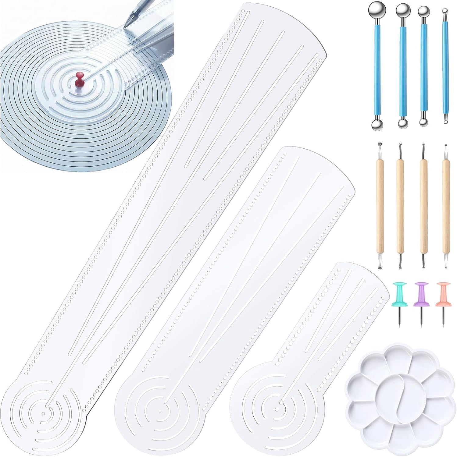 17 Pcs Mandala Dot Painting Tool Kit 3-in-1 Mandala Ruler with Holes 3 Thumb Tacks 10 Ball Stylus Flower Paint Palette for DIY Rock Painting Clay Modeling Drawing and Drafting