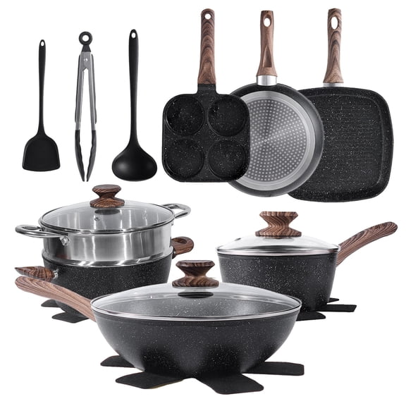 17 Pcs Nonstick Pots and Pans, Non-toxic Kitchen Cooking Set with Stay-Cool Handles for Restaurant, Black and White Set