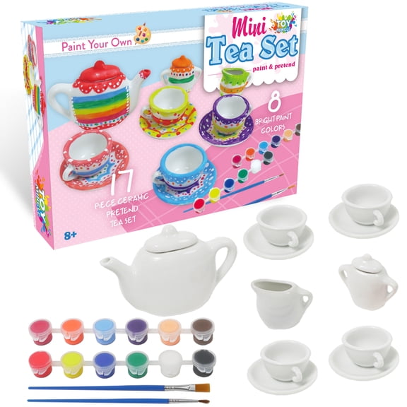 17 Pcs Painted Own Tea Cup Kit, Mini Ceramic Tea Cups to Paint for Boys and Girls