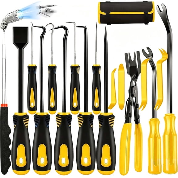 17 Pcs Pick and Hook Set with Trim Removal Tool, Clip Pliers, Fastener, Scraper, Magnetic Telescoping Tool Kit(Yellow)