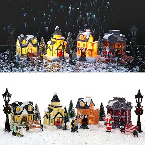 17 Pcs Resin Lighted Christmas Village Houses with Figurines Town Set Christmas Village Accessories Collectible Buildings Xmas Winter Decorations for Indoor Room$$Home Decor, Kitchen, & Other