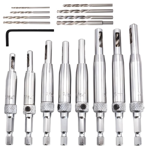 17 Pcs Self Centering Drill Bit Set, High Speed Steel Center Hinge Drill Bits, Woodworking Tools for Door Window Furniture Installation, 1/4 Inch Hex Shank Compatible