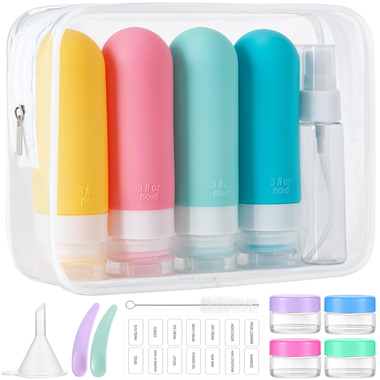 Example refillable toiletry travel bottle kit photograph