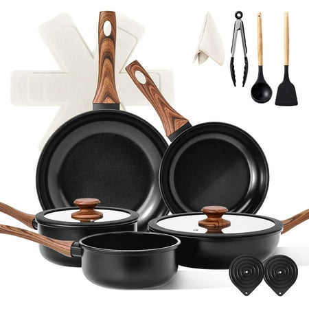 17-Piece Aluminum Cookware Set - Black Non-Stick 5 Pots & 2 Lids with Assembled Handles, Universal Stove for Home Kitchen