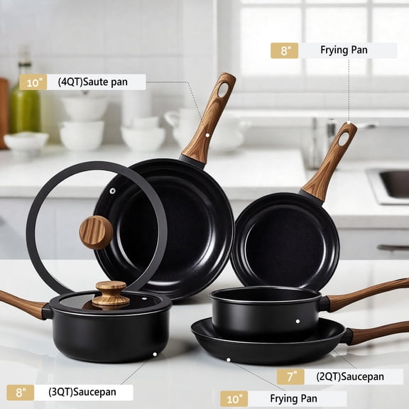 17-Piece Aluminum Cookware Set, Black Non-Stick Pots and Pans Set with Assembled Handles - 5 Pots & 2 Lids, Compatible with Induction, Gas, Electric Stoves, Perfect for Home Kitchen Use