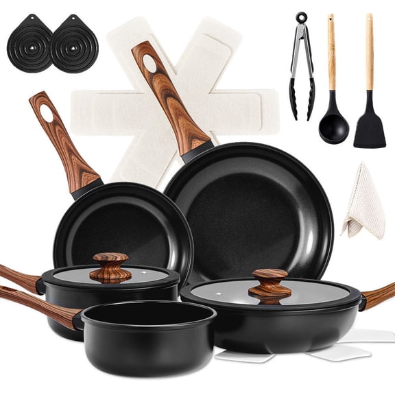 17-Piece Aluminum Cookware Set, Black Non-Stick Pots and Pans Set with Assembled Handles - 5 Pots & 2 Lids, Compatible with Induction, Gas, Electric Stoves, Perfect for Home Kitchen Use​