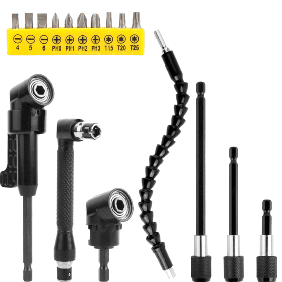 17 Piece Angle Screwdriver Attachment, 105 Angle Screwdriver Cordless Screwdriver Attachment, Angle Screwdriver Kit with L Key, 3 Hex Shanks, Bit Holder Extension, Builder's Angle Drill Attachment