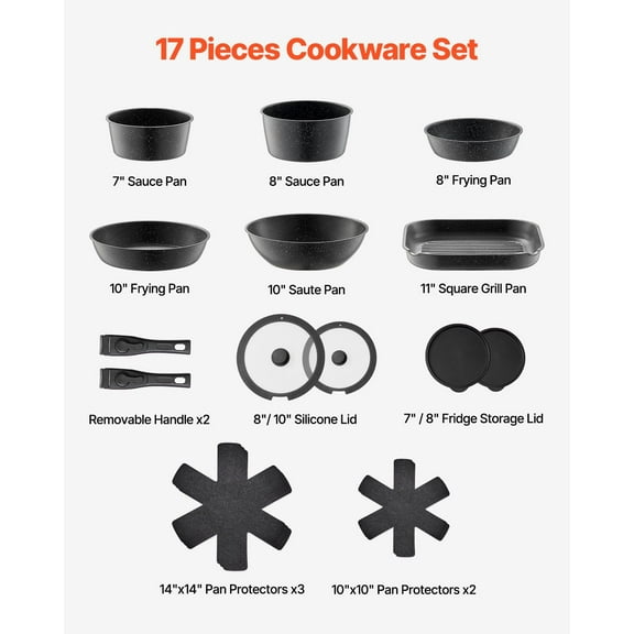 17 Piece Black Granite Nonstick Cookware Set Pots and Pans for Induction Stovetops