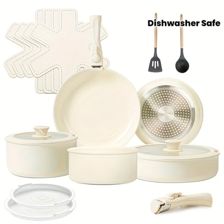 17-Piece Ceramic Nonstick Stackable Induction Cookware Set with Removable Handles