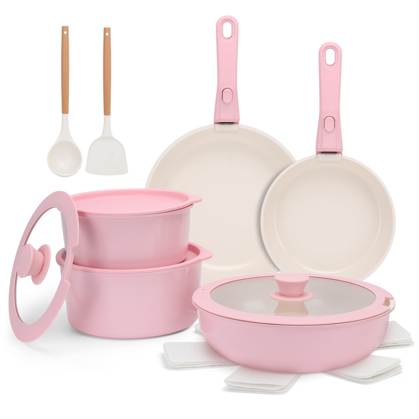17 Piece Ceramic Pots and Pans Set Non Stick, Cookware Set with Detachable Handle, Dishwasher/Oven Safe, Induction Ready, Stackable RV Kitchen Cooking Set Removable Handles Pots Protectors, Pink