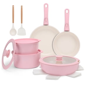 17 Piece Ceramic Pots and Pans Set Non Stick, Cookware Set with Detachable Handle, Dishwasher/Oven Safe, Induction Ready, Stackable RV Kitchen Cooking Set Removable Handles Pots Protectors, Pink