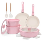 17 Piece Ceramic Pots and Pans Set Non Stick, Cookware Set with Detachable Handle, Dishwasher/Oven Safe, Induction Ready, Stackable RV Kitchen Cooking Set Removable Handles Pots Protectors, Pink