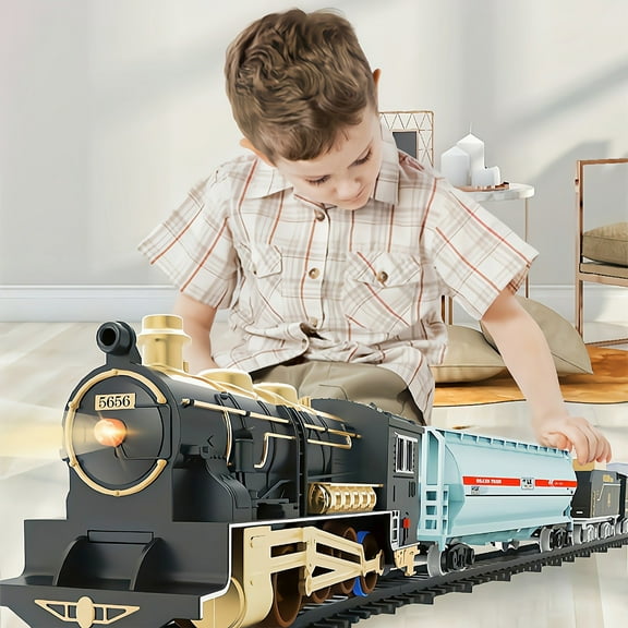 ​17-Piece Christmas Train Set with Sound & Water Vapor - Interactive Steam Locomotive Track Play for Kids 3+ (Batteries Not Included)​​ Black