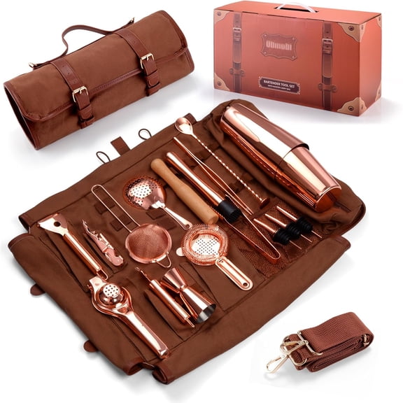 17-Piece Copper Bar Tool Set Cocktail Shaker Set with All Practical Bar Accessories, Portable Travel Cocktail Set with Shoulder Strap for Bartenders, Parties, Camping Trips