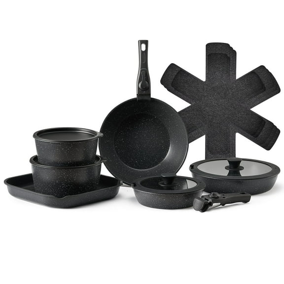 17 Piece Granite Nonstick Cookware Set Detachable Handle Induction Compatible Space Saving Pots Pans with Frying Sauce Saute Pan Tempered Glass Lid Oven Safe Black
