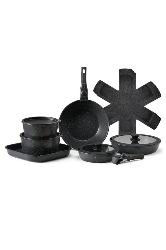 17 Piece Granite Nonstick Cookware Set, Induction Pots and Pans Set - Black Kitchen Set with Detachable Handles