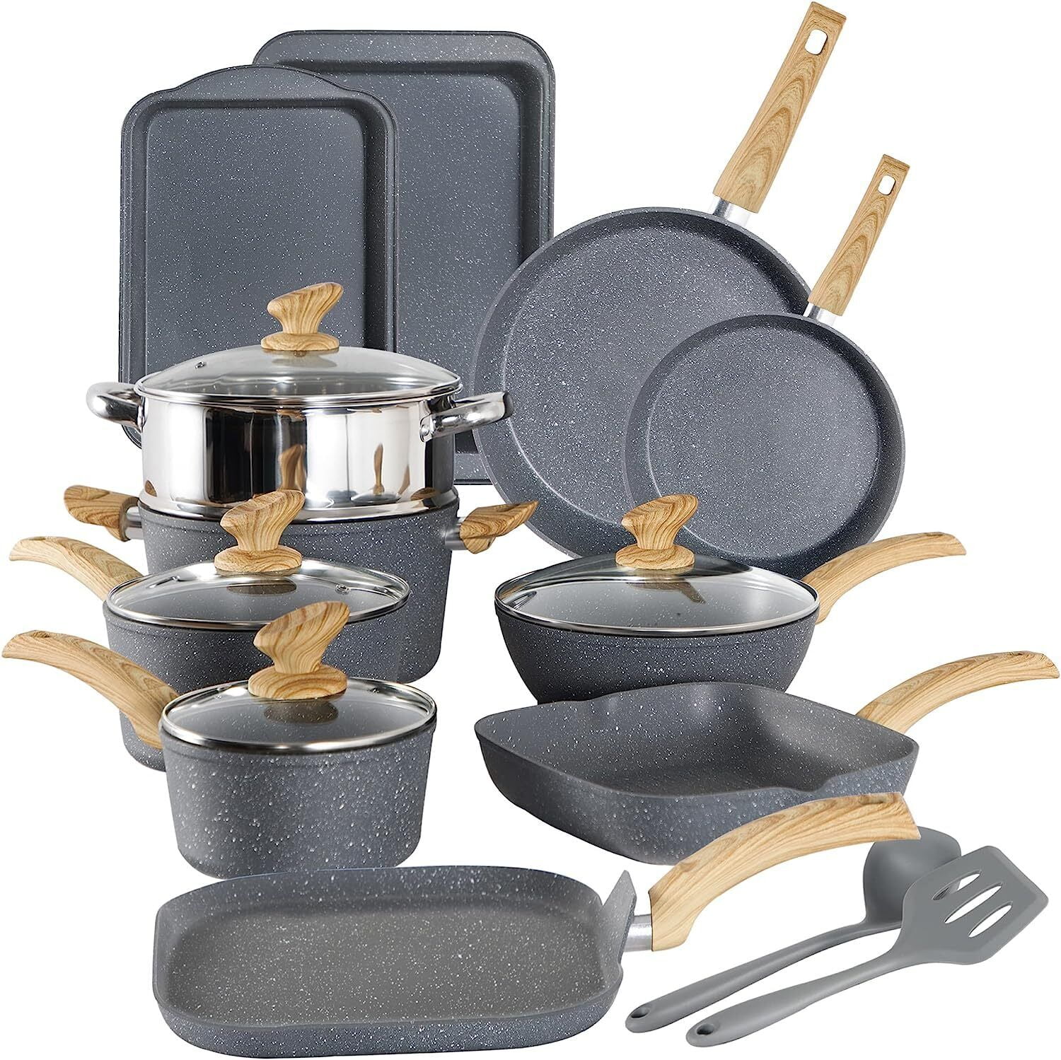 17Piece Kitchen Cookware Sets with Nonstick Granite Stone Pots and