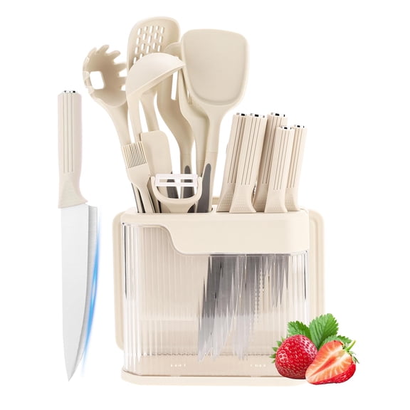 17-Piece Knife Block Set with Built-in Sharpener, Kitchen Utensils Set with Acrylic Block, Stainless Steel Knives & Silicone Cooking Utensils for Dicing & Chopping