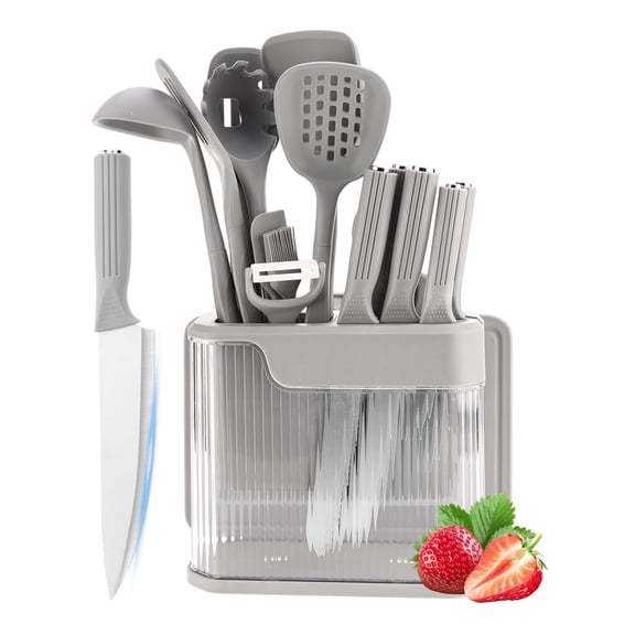 17-Piece Knife Block Set with Built-in Sharpener, Kitchen Utensils Set with Acrylic Block, Stainless Steel Knives & Silicone Cooking Utensils for Dicing & Chopping