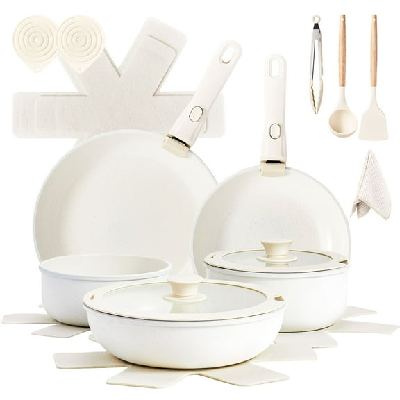 17-Piece Non-Stick Aluminum Cookware Set with Removable Handles, Cream White, Oven and Microwave Safe, Dishwasher Safe, Induction Compatible