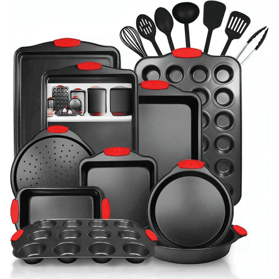 17-Piece Non-Stick Baking Pan Set with Silicone Handles, Carbon Steel, Oven Safe to 446  F