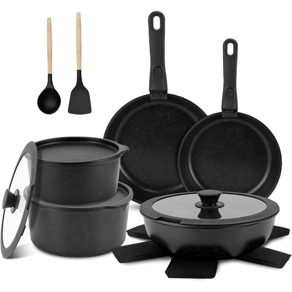 17 Piece Non Stick Ceramic Cookware Set with Detachable Handle, Stackable Pots and Pans, Induction and Oven Safe, Cream White (Black)