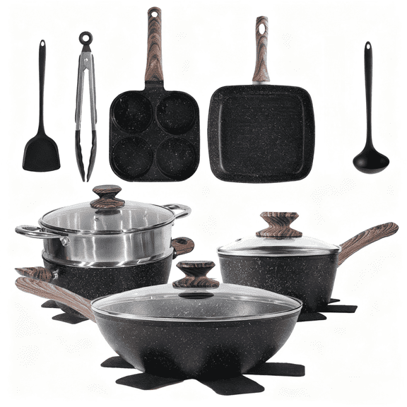 17-Piece Nonstick Cookware Set with Removable Handle, Pots and Pans Cooking Set, Black