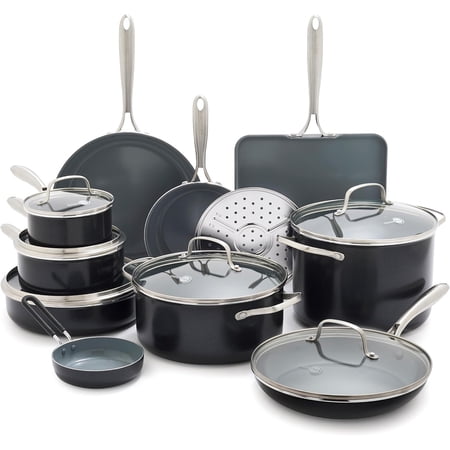 17 Piece Nonstick Swift Cookware Set, Ceramic PFAS-Free Pots & Pans with Lids, Dishwasher Oven/Broiler Safe to 600F, Kitchen Cooking Sauce, Saute, Stock, Griddle, Frying Pans, Gray