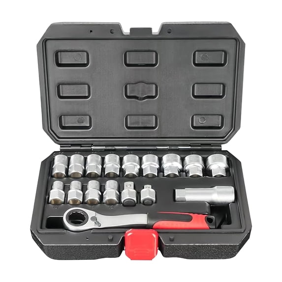 17-Piece Pass Through Socket Set, 3/8" & 1/2" Dr. Universal Pass Thru Go Through Ratchet Socket Wrench Mechanics Tool Set for Hex, Square, E-Torx, Spline Fasteners