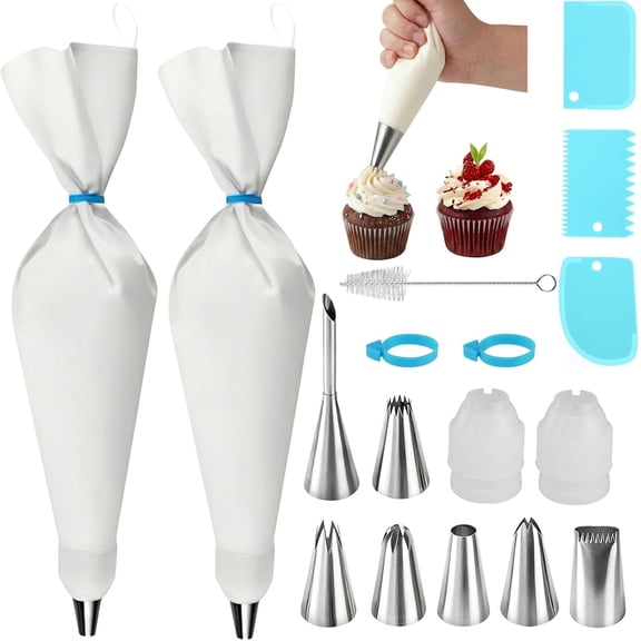 17-Piece Piping Bags and Tips Set, 2 Reusable 16 Inch Cotton Pastry Bags | Beginner-Friendly for Home Bakers Using Icing Bags and Tips to Frost Cakes, Cupcakes, Cookies, Pastries and Desserts at Home