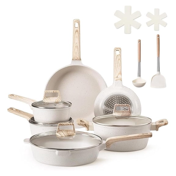 17 Piece Pots and Pans Set, Granite Nonstick Cookware Set, Induction Cookwares, Kitchen RV Cooking Sets with Frying, Sauce, Saute, Tempered Glass Lids, and Pan Protectors, White