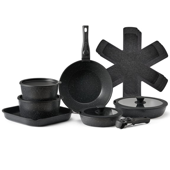 17 Piece Pots and Pans Set, Granite Nonstick Detachable Handle Cookware, Space Saving Induction Cookwares, Kitchen RV Cooking Sets with Frying, Sauce, Saute, Tempered Glass Lid, Oven Safe, Black