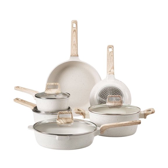 17 Piece Pots and Pans Set, Nonstick Cookware Set, Induction Ready, Kitchen & RV Cooking - Frying Pans, Sauce Pans, Stockpot with Lids & Protectors, White