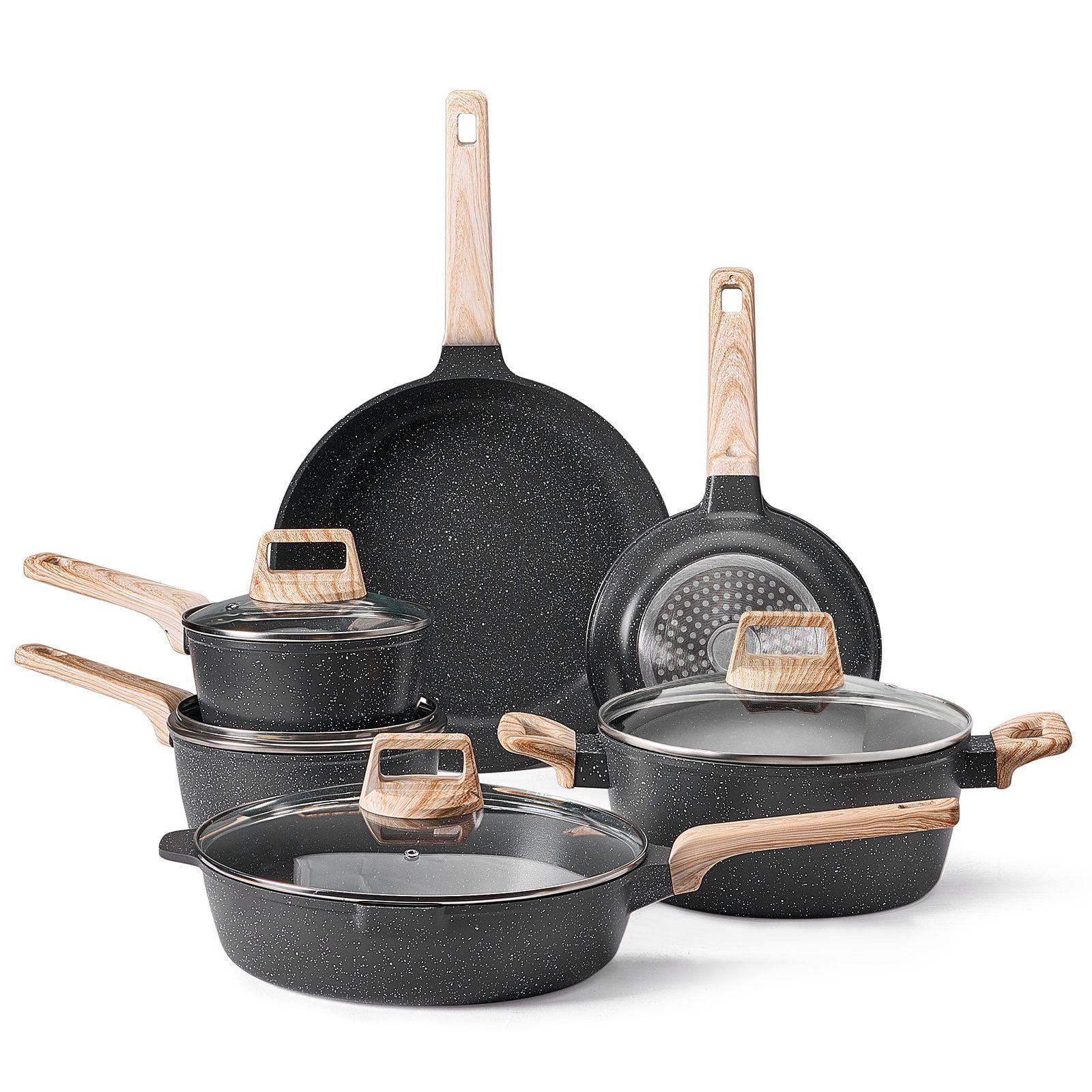 17 Piece Pots and Pans Set Granite Coating Nonstick Cookware Kitchenware Induction Compatible Black