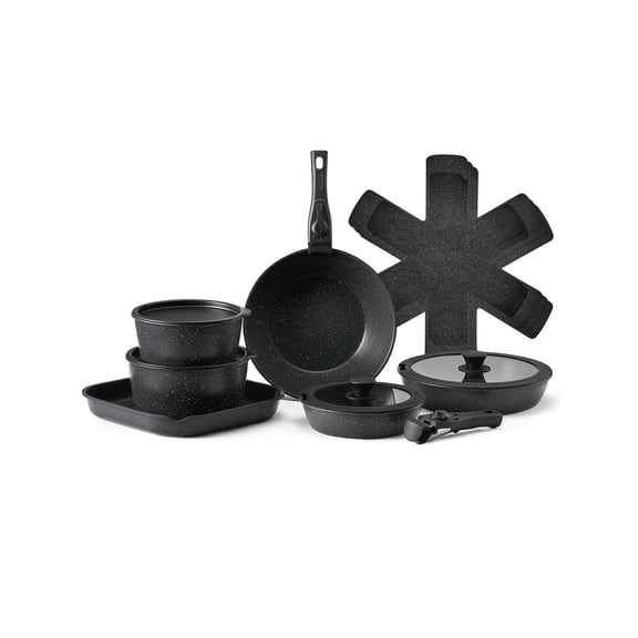 17 Piece Pots and Pans Set, Granite Nonstick Cookware, Detachable Handle, Induction Ready, Space Saving Kitchen Set, Oven Safe, Black