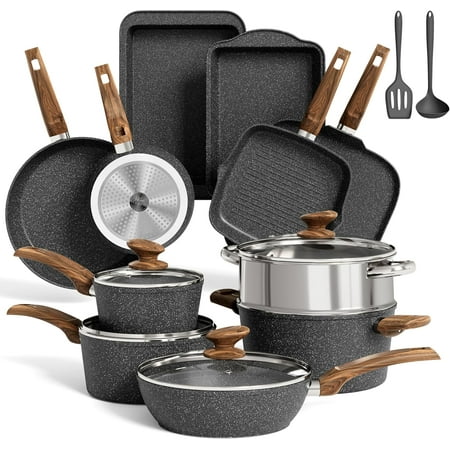 17 Piece Pots and Pans Set Non Stick, Kitchen Cookware Sets with Nonstick Granite Stone Coating, Suitable for Induction Cooktops, Black