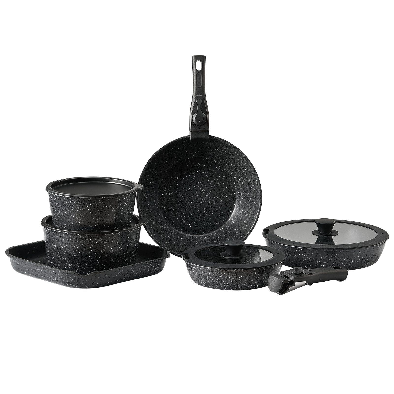 17 Piece Pots and Pans Set Nonstick Granite Coating Kitchen Cookware Induction Compatible Black