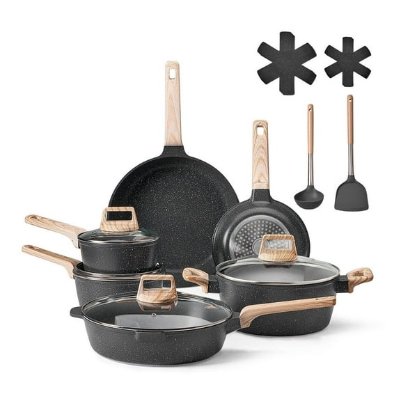 17 Piece Pots and Pans Set Nonstick Granite Cookware Set Induction Cookware Kitchen RV Cooking Sets with Lids & Protectors, Black