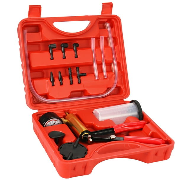 17-Piece Professional Handheld Car Vacuum Pressure Pump Kit, 2-in-1 Brake Bleeder Adaptor with Fluid Reservoir, Vacuum Bleeding and Test Tool Set for Auto