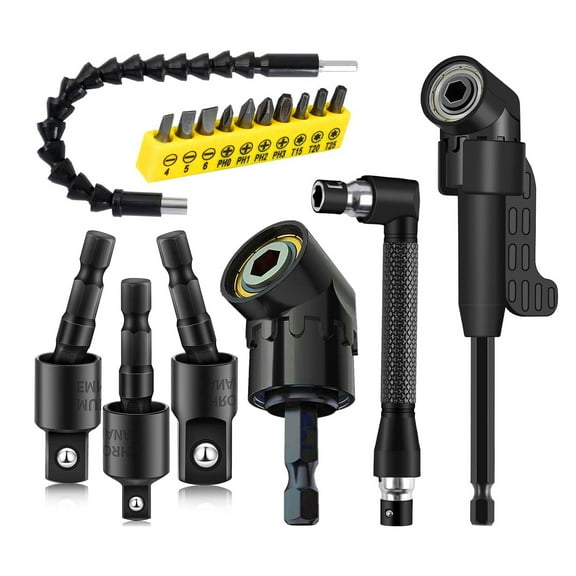 17-Piece Right Angle Drill Attachment Set, 105 and 90 Adapters, Flexible Extension, 1/4-inch Hex Shank, Socket Adapters with Screwdriver Bits