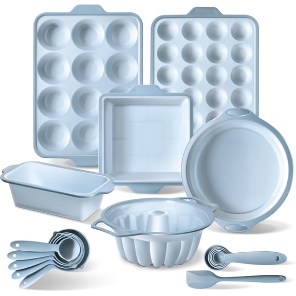 17-Piece Silicone Baking Pan Set with Non-Stick Muffin Pans, Sturdy Metal Frame, Flexible Cake Molds, Measuring Cups and Spoons