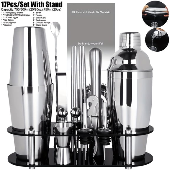 17-Piece Stainless Steel Cocktail Shaker Set with Stand, Includes Bar Tools & Recipe Guide, 750/600/500ml