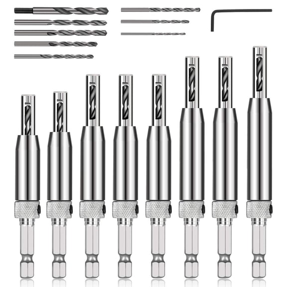 17-Piece VIX Self-Centering Drill Bit Set, 1/4 Hex Shank Hinge Drill Bits for Woodworking, Doors & Cabinets, Includes Hex Key and 5/641/4 Bits