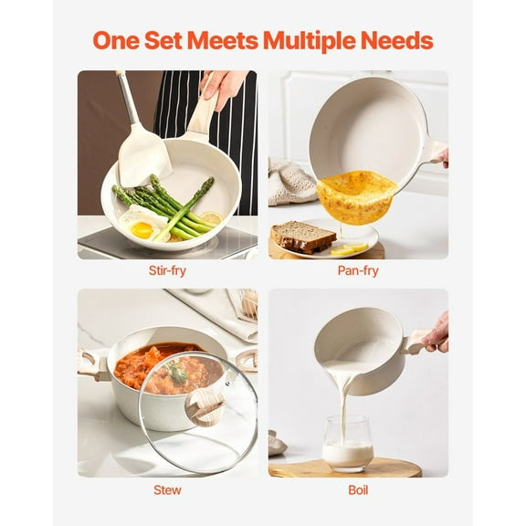 17 Piece White Granite Nonstick Pots and Pans Set Kitchen Cookware Induction Ready