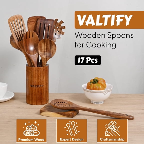 17-Piece Wooden Kitchen Utensil Set with Holder - Premium Teakwood Cooking Spoons & Spatulas for Non-Stick Pans