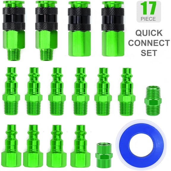17 Pieces 1/4" NPT Aluminum Air Coupler and Plug Kit, Quick Connect Air Fittings, Industrial Quick Connector Set (Green)$$Tools & Hardware Other