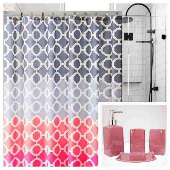 17 Pieces Bathroom Complete Set Shower Curtain with Hooks and Ceramic Accessories Set ( Hajar Hot Pink )