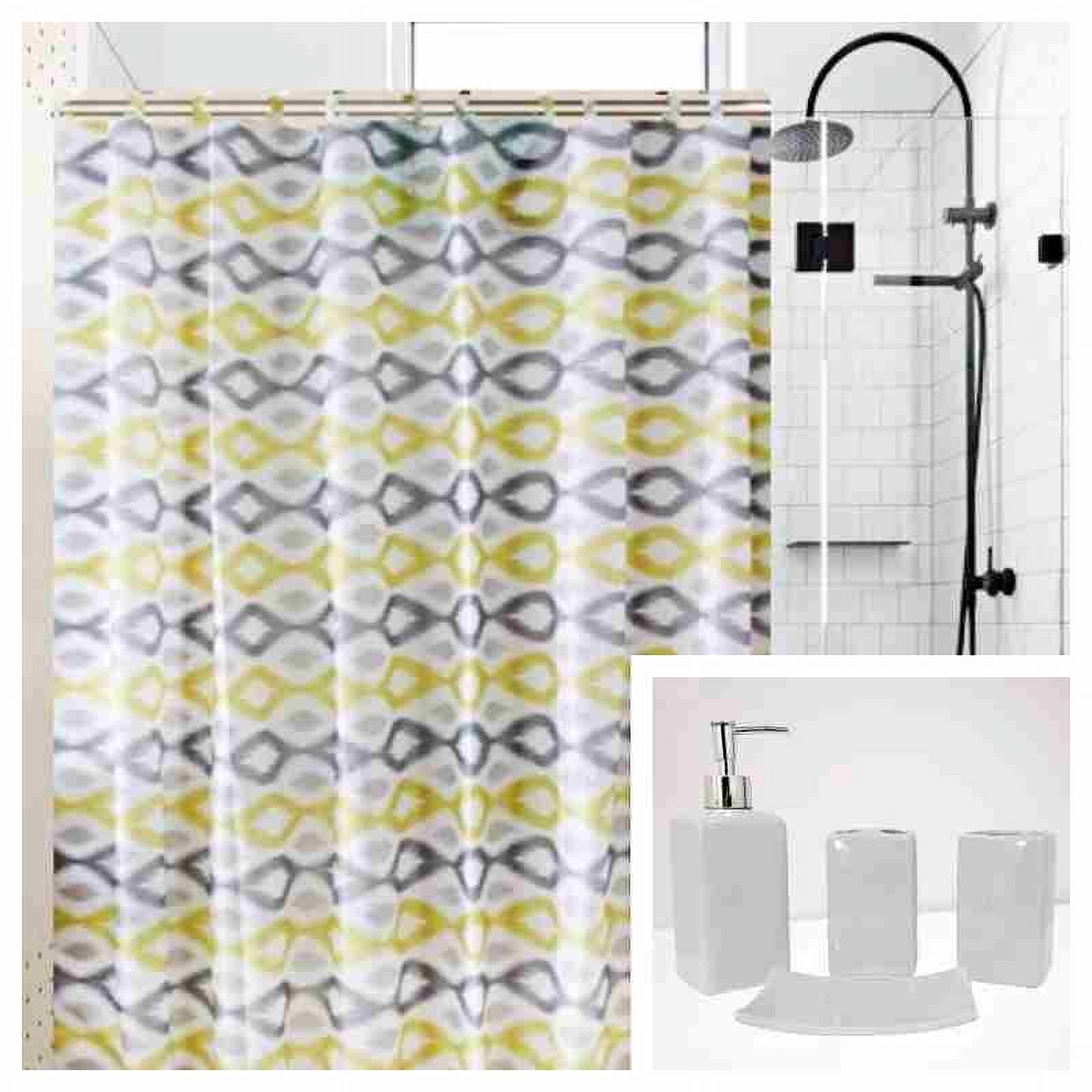 17 Pieces Bathroom Complete Set Shower Curtain with Hooks and Ceramic Accessories Set ( Kenia Silver )