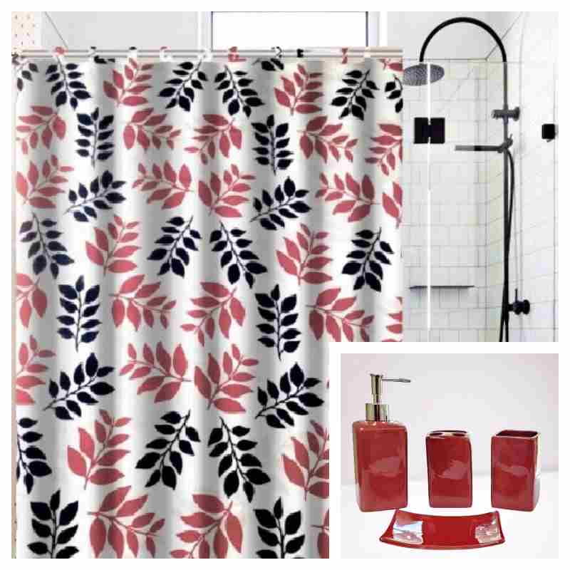 17 Pieces Bathroom Complete Set Shower Curtain with Hooks and Ceramic Accessories Set ( Wesley Burgundy )